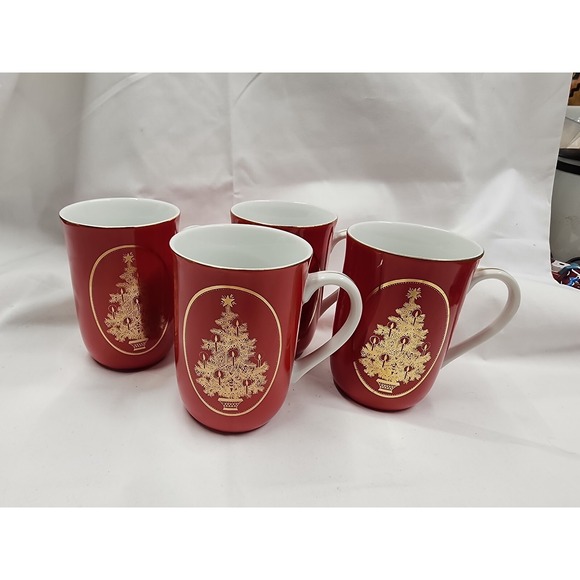 NEW Set of 4 Vintage Otagiri Coffee Mugs Cups Christmas Tree Red Gold Bone China - Picture 1 of 5